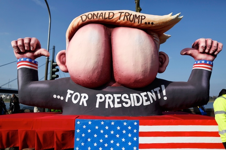 Carnival float is displayed during postponed Rose Monday parade in Duesseldorf