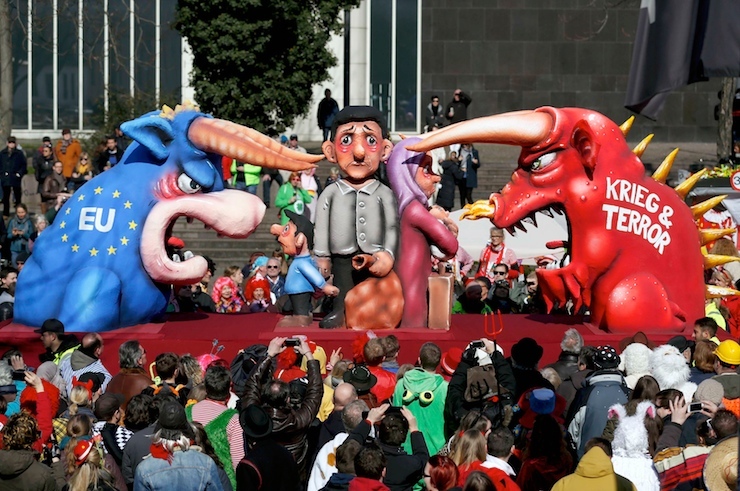 Carnival float is displayed during postponed Rose Monday parade in Duesseldorf