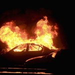A vehicle burns after an explosion in Ankara