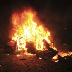 A vehicle burns after an explosion in Ankara