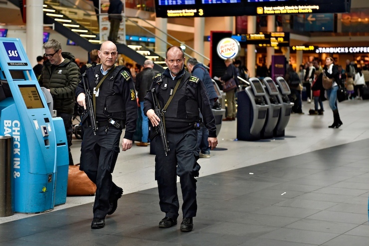 Armed police is seen on patrol as police and airport's own security personnel have increased patrols at Copenhagen Airport