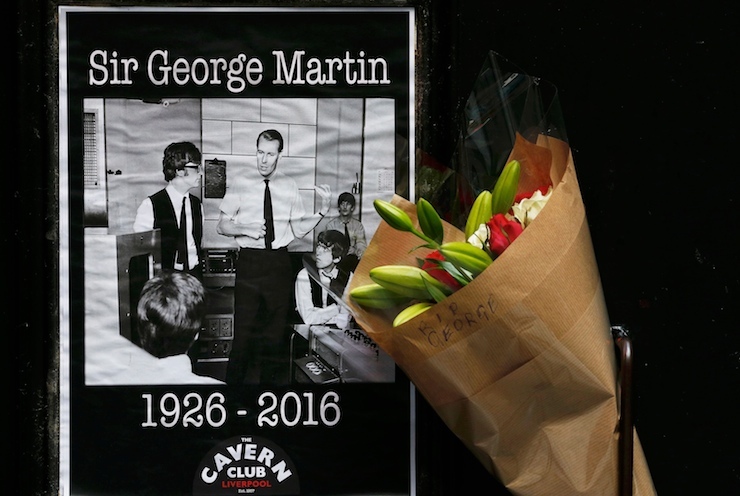 A floral tribute in memory of music producer George Martin is left outside the Cavern Club in Liverpool