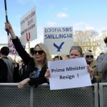 People demonstrate against Iceland's Prime Minister Gunnlaugsson in Reykjavik