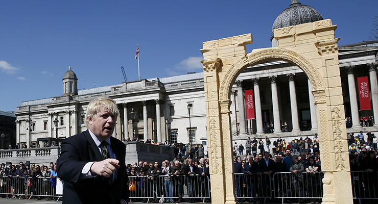 London Mayor Boris Johnson speaks at the unveiling of a recreation of the 1,800-year-old Arch of Triumph in Palmyra, Syria, at Trafalgar Square in London