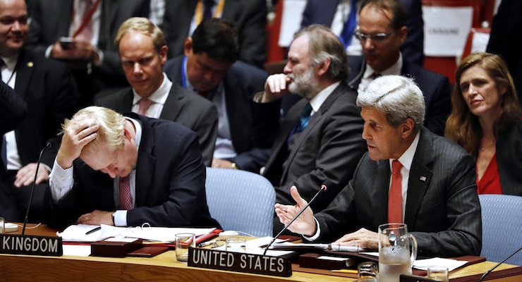 British Foreign Secretary Boris Johnson reacts as U.S. Secretary of State John Kerry addresses Russian actions in Syria during a meeting of the United Nations Security Council to address the situation in the Middle East during the General Assembly for the 71st session of the U.N. General Assembly at U.N. headquarters in New York, U.S., September 21, 2016. REUTERS/Lucas Jackson
