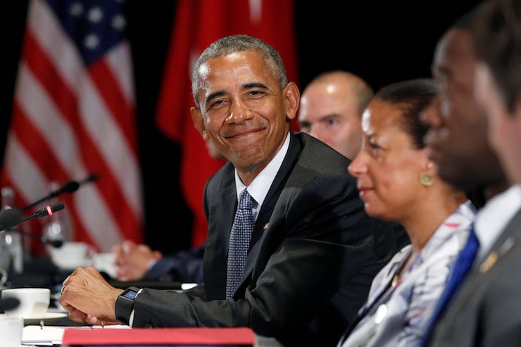 U.S. President Barack Obama, flanked by National Security Advisor Susan Rice, waits for reporters to enter the room before he and Turkey's President Tayyip Erdogan deliver remarks after their bilateral meeting alongside the G20 Summit, in Hangzhou, China September 4, 2016. REUTERS/Jonathan Ernst