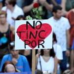 A sign that reads “We are not afraid” is seen during a march of unity after the attacks last week, in Barcelona, Spain