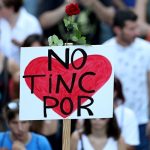 A sign that reads “We are not afraid” is seen during a march of unity after the attacks last week, in Barcelona, Spain