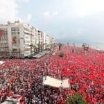 Supporters of Muharrem Ince, presidential candidate of the main opposition Republican People's Party (CHP), wave flags during an election rally in Izmir