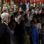 People shop in an old bazaar in Istanbul