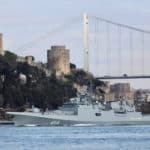The Russian Navy's frigate Admiral Grigorovich sets sail in Istanbul's Bosphorus