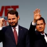 Turkey's Deputy Prime Minister Canikli, Energy Minister Albayrak and Family and Social Affairs Minister Kaya greet the crowd during a rally for the upcoming referendum in Istanbul