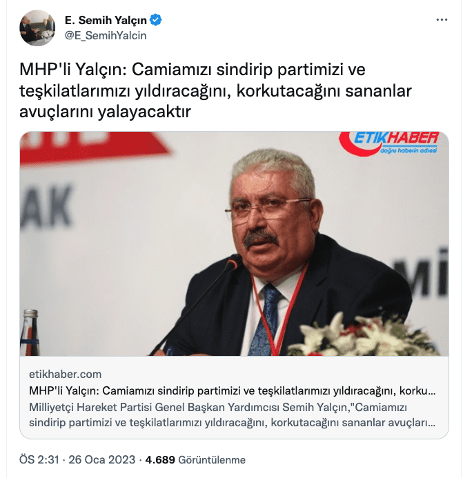 Semih Yalçın, MHP'ye yakın haber sitesindeki açıklamasını Twitter'dan paylaştı.