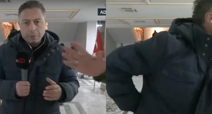 TV 100 muhabiri mikrofonu depremzeden sakladı. (YouTube)