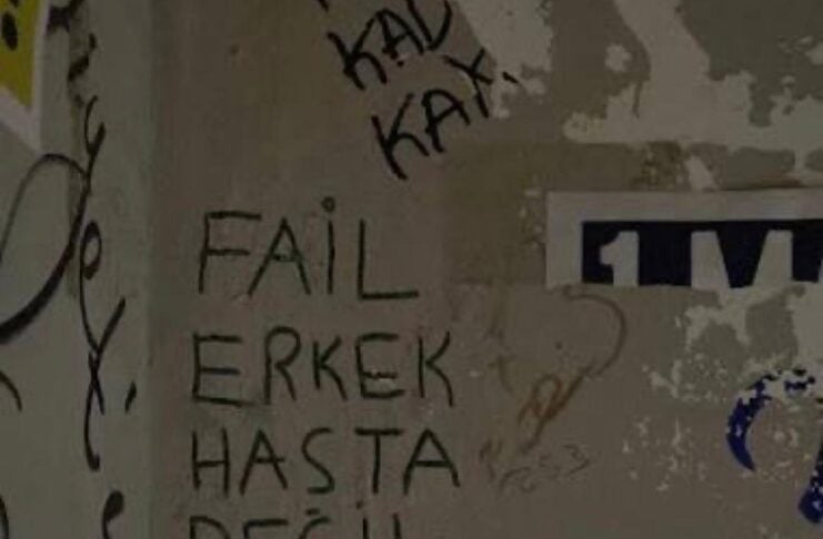 Turkish graffiti on a wall saying, 'Fail erkek hasta degil ataerkinin saglikli oglu dur' (roughly: 'The male is not ill; he is the healthy son of patriarchy').