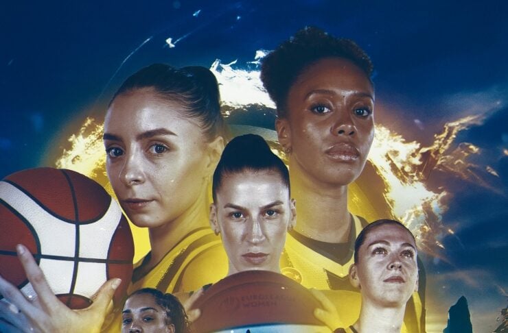 Collage of five female basketball players in yellow uniforms, holding basketballs, with a dramatic stadium backdrop.