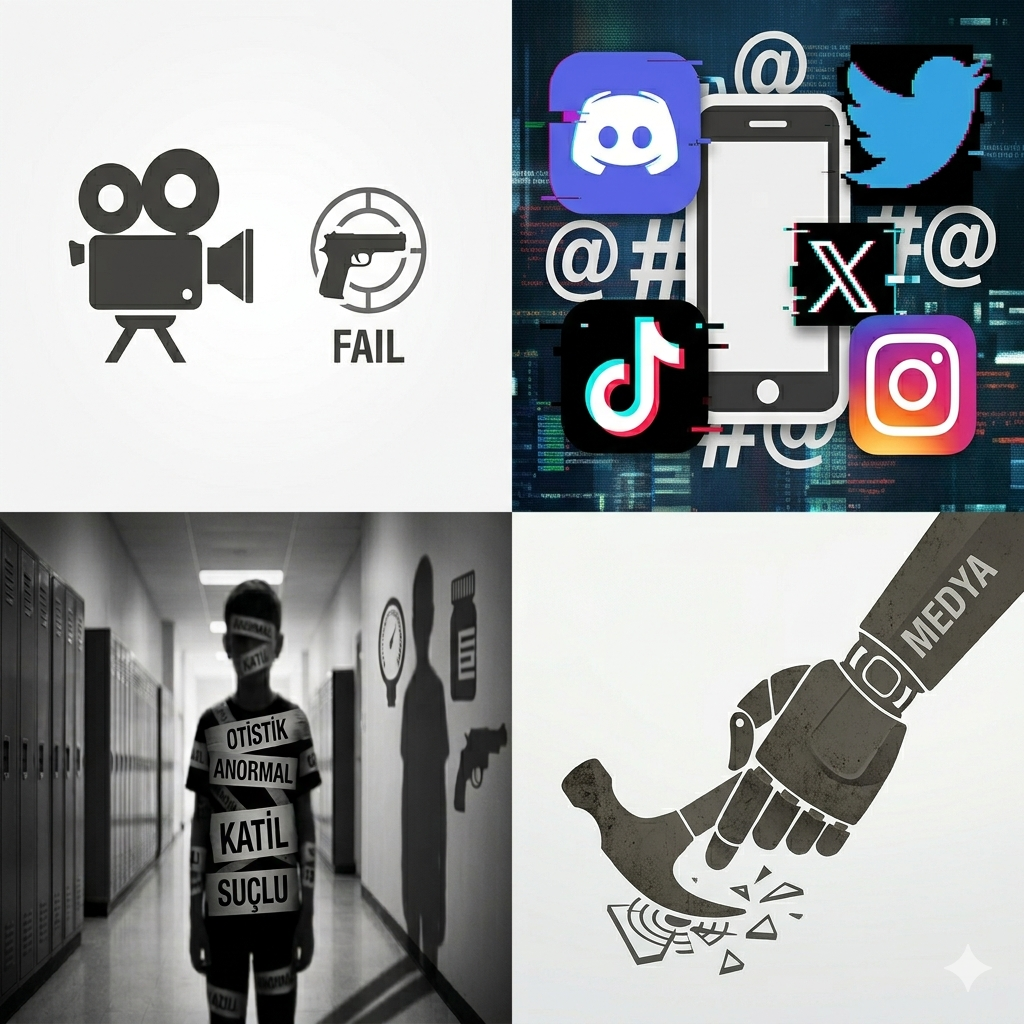 Four-panel collage about media and online culture: (top-left) a video camera icon and a 'FAIL' symbol; (top-right) a smartphone surrounded by social media app icons like Twitter, TikTok, and Instagram; (bottom-left) a person in a hallway taped with warning words; (bottom-right) a robotic hand smashing a broken paper or cards.