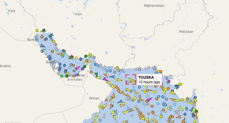 Map of the Persian Gulf showing dense vessel traffic with many colored markers; a popup reads 'TOUSKA, 13 hours ago'.