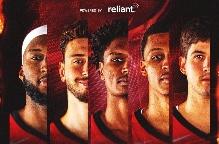 Promotional basketball poster featuring five players in vertical panel portraits—Josh Okogie, Alperen Sengun, Amen Thompson, Jabari Smith Jr., and Reed Sheppard—with All Fire branding and Reliant logos.