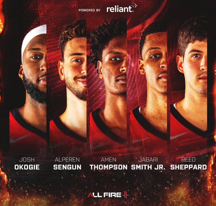 Promotional basketball poster featuring five players in vertical panel portraits—Josh Okogie, Alperen Sengun, Amen Thompson, Jabari Smith Jr., and Reed Sheppard—with All Fire branding and Reliant logos.
