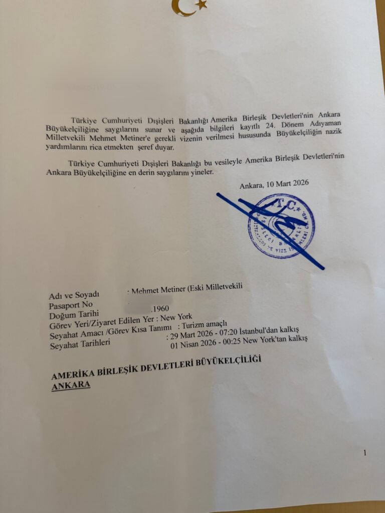 Official Turkish letter on white paper with a blue circular stamp and a diagonal blue strike, dated Ankara, 10 Mart 2026, containing text about diplomatic matters and signatories at the bottom left/right margins.