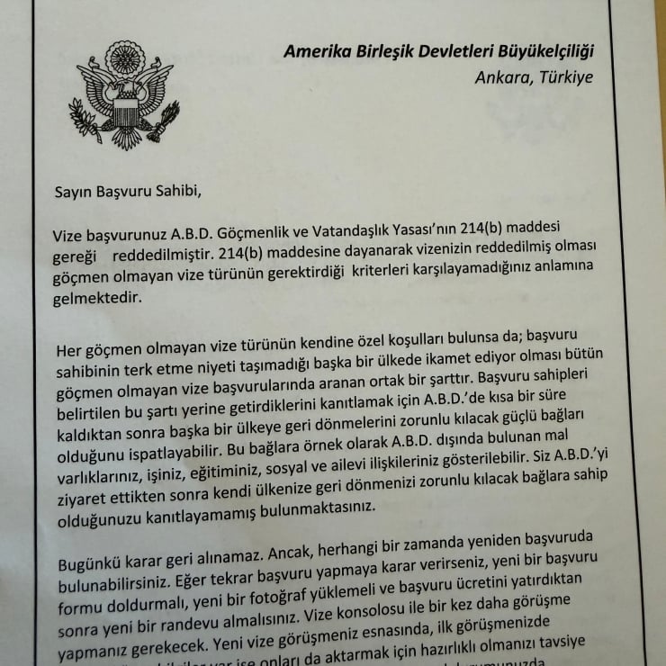 Official letter from the U.S. Embassy in Ankara, Turkey, with an eagle seal top left, in Turkish about visa application requirements.