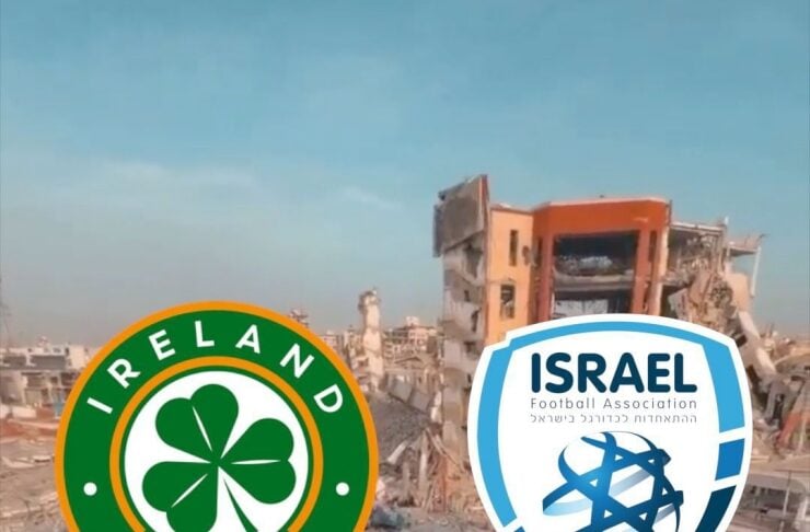 Ireland and Israel Football Association logos over a ruined cityscape with a small soccer field in the foreground.