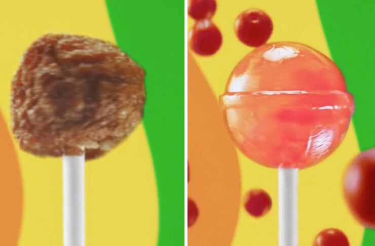 Two skewered treats against a bright yellow and green background: left a brown fried meatball, right a pink round lollipop.