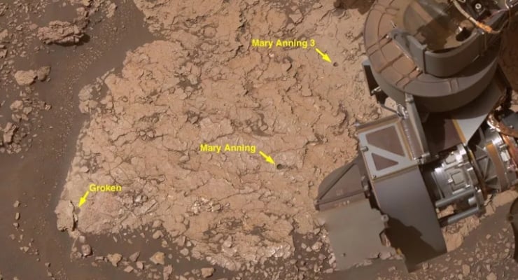 Mars rover arm on a dusty, rocky Martian surface with three yellow callouts reading 'Mary Anning 3', 'Mary Anning', and 'Groken' pointing to rocks.