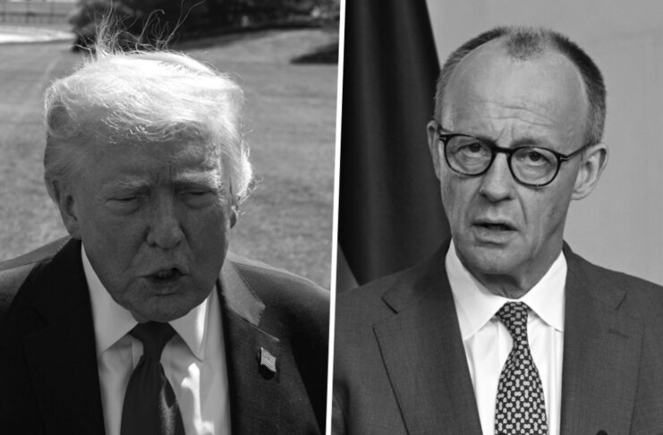 Split-screen image of two men in suits speaking; left outdoors with a flag pin, right indoors at a podium with microphones.
