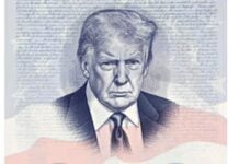 Stylized portrait of former President Donald Trump with a waving U.S. flag and his signature.