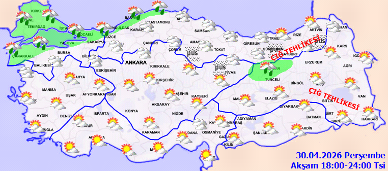 Turkey weather forecast map for 30.04.2026, 18:00–24:00, showing sunny conditions across most regions with some cloud icons; red labels indicate alert zones in the east/southeast.