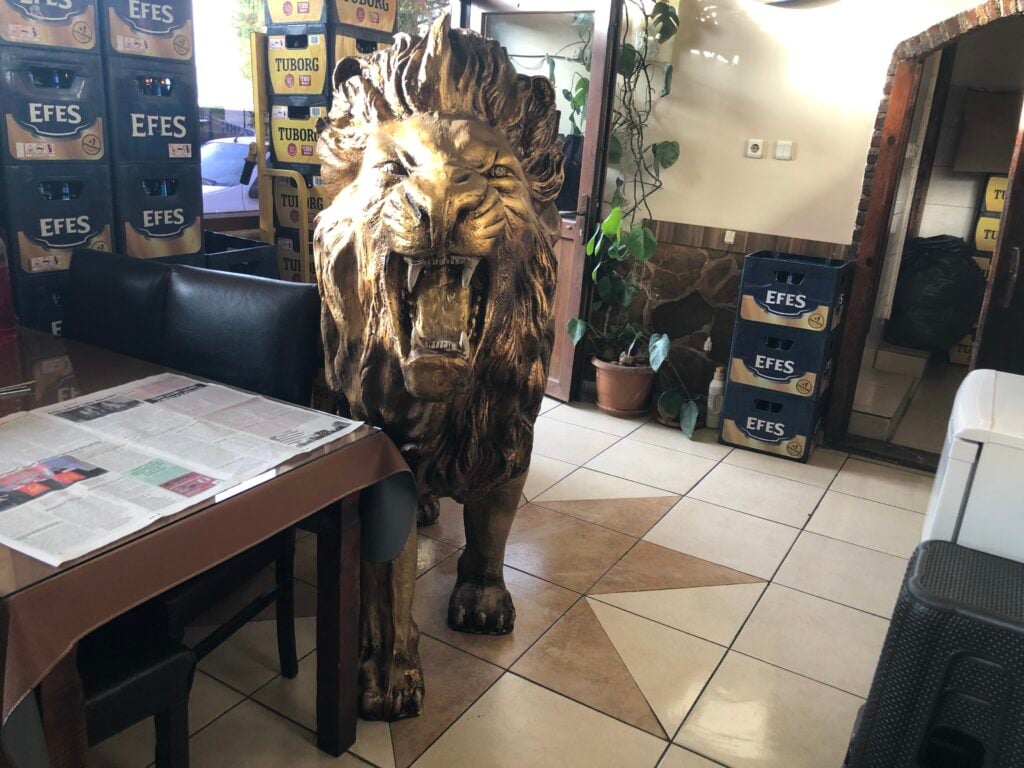Large golden lion statue indoors near a table with a newspaper, flanked by stacked EFES and Tuborg beer crates.