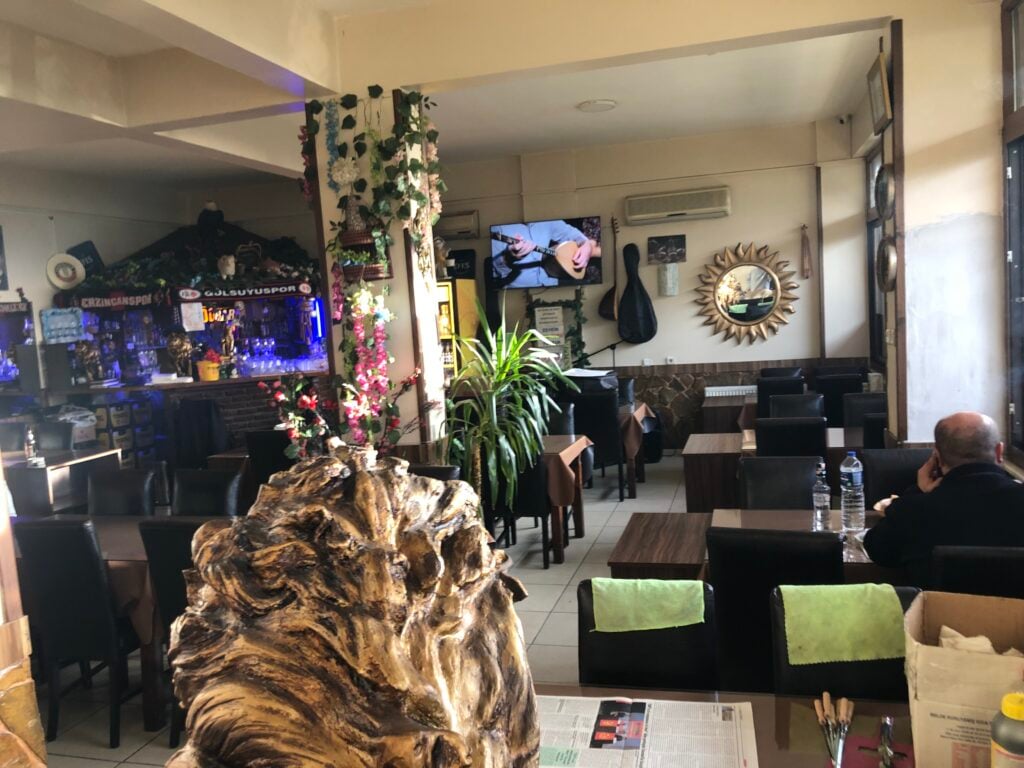 Interior of a casual restaurant with a large decorative rock centerpiece and hanging flowers, bar area to the left, and dining tables throughout; a man sits at a table on the right.