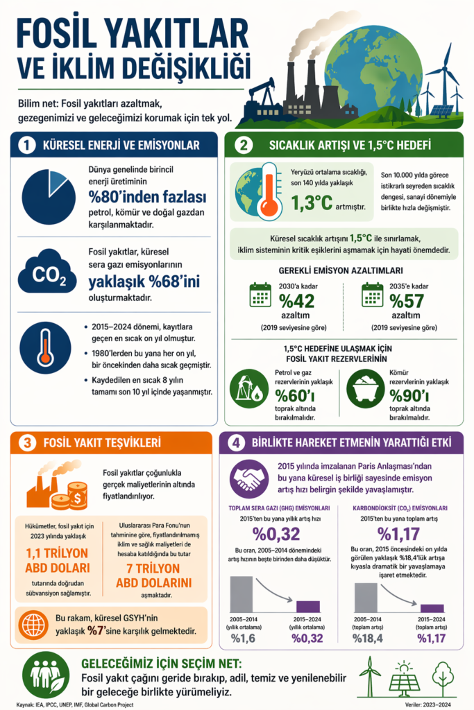 Infographic titled 'Fosil Yakıtlar ve İklim Değişikliği' showing industrial smokestacks, a globe and wind turbines with green hills; summarized sections explain global energy, temperature rise, emissions reductions, incentives, and actions for a sustainable future.