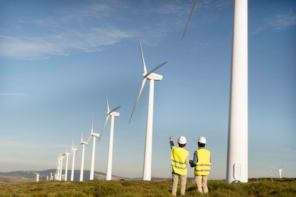 Two workers in high-visibility vests and hard hats stand in a wind farm, pointing toward a row of tall wind turbines.