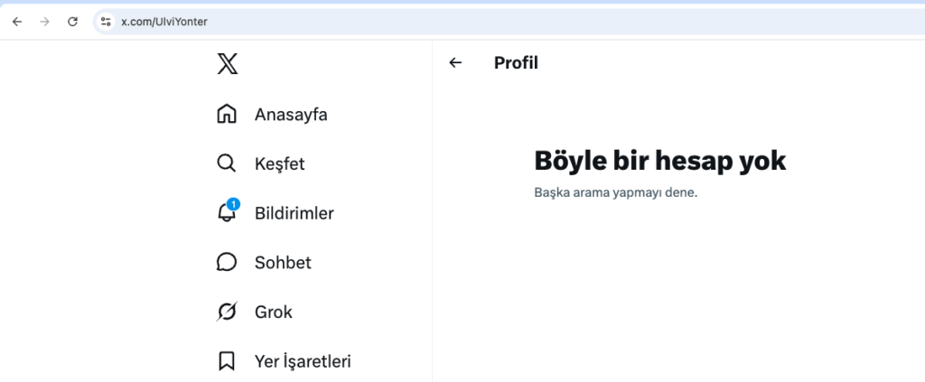 Profile page with left icon menu and right pane reading 'Böyle bir hesap yok' (account not found).