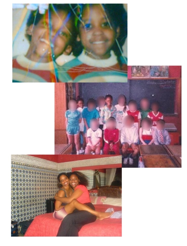 Collage of three photos: top left shows two kids smiling with balloons; middle shows a group of children in a classroom; bottom shows two women embracing on a bed.