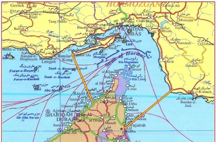 Detailed map of Dubai and the surrounding Persian Gulf coast, with flight/route lines and major towns labeled.