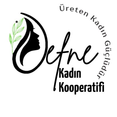 Logo for Üreten Kadın Güçlü Kadın Kooperatifi: black silhouette of a woman's profile inside a leaf-shaped drop with green leaves, circular text around reading Üreten Kadın Güçlü Kadın Kooperatifi.