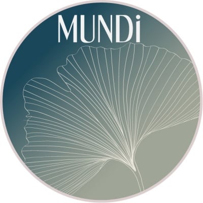 Circular logo with a white ginkgo leaf outline on a teal-to-olive gradient background, and the word MUNDi across the top
