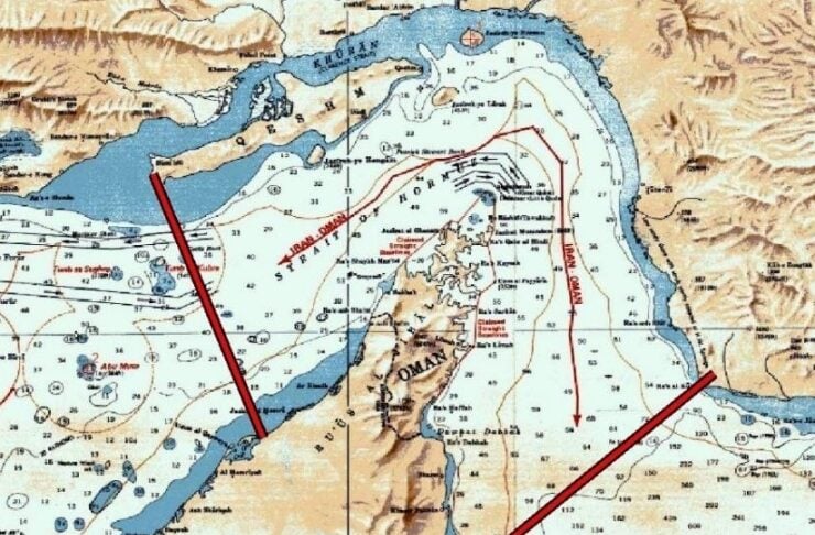 Nautical chart of the Oman coast showing depth contours, coastlines, and two red ship routes across the gulf area