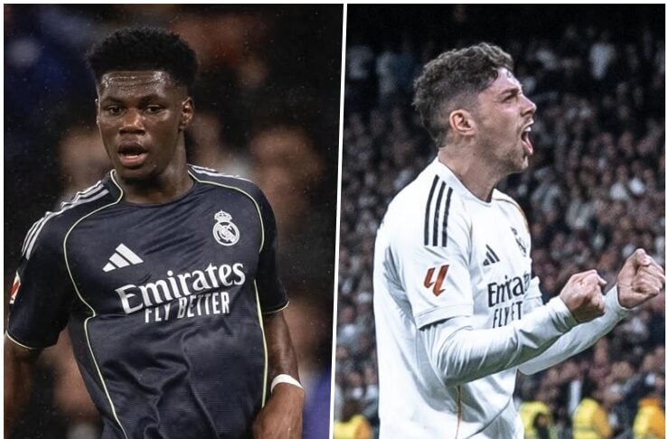 Two Real Madrid players split by a diagonal line: left in a dark kit, right in a white kit celebrating.