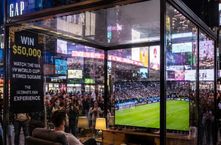 Man lounging on a sofa inside a glass booth, watching a soccer match on a large TV as a crowd gathers outside.