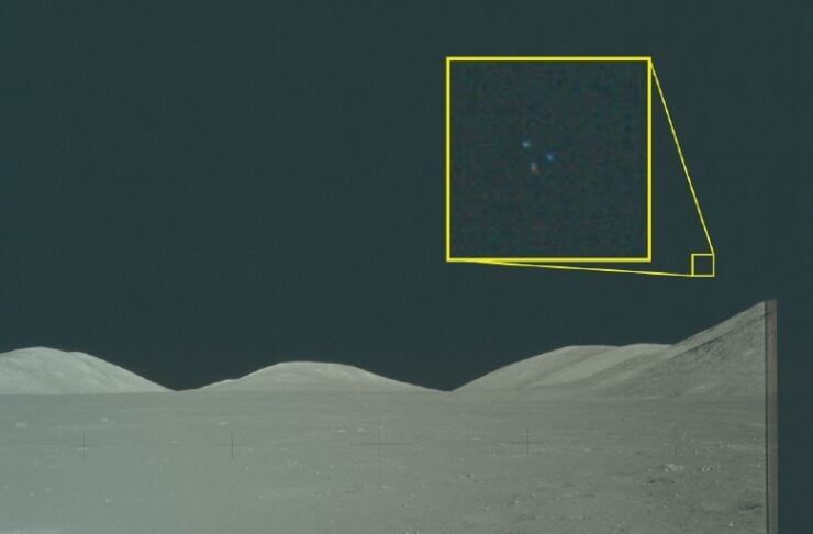 Moon's cratered foreground with a dark sky and a magnified inset showing a tiny blue speck in space.
