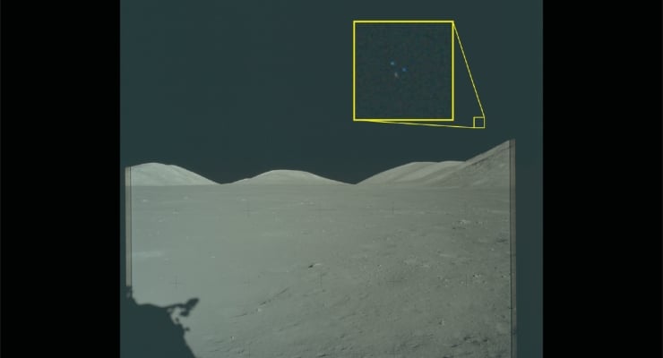 Lunar surface with low hills under a dark sky; a yellow-outlined inset highlights a zoomed-in area in the upper-right corner.