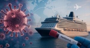 Hand holding a test tube labeled Hantavirus beside a large cruise ship, illustrating travel-related disease risk.