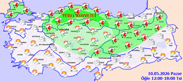 Turkey weather map with numerous thunderstorm icons across northern and central regions; sun icons along the coasts appear later in the day.