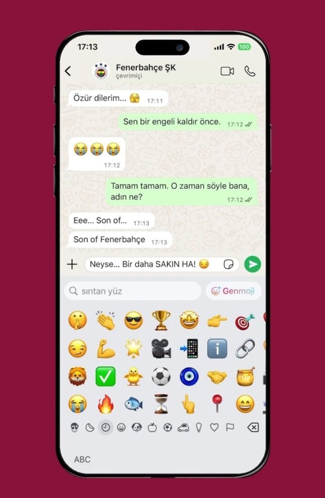 WhatsApp chat on a smartphone screen in Turkish, with messages about apologizing and asking for the name, and an emoji keyboard visible at the bottom