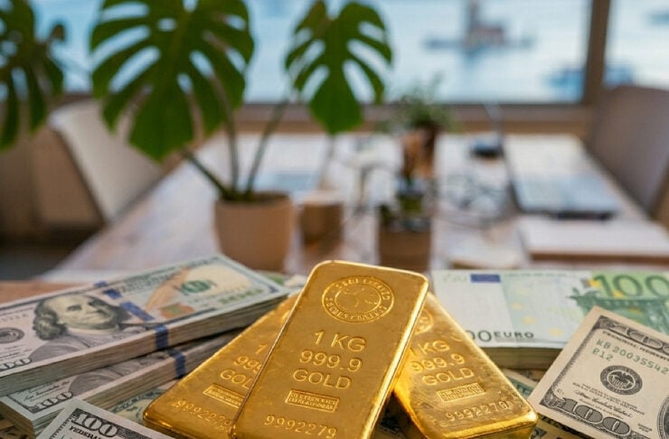 Gold bars (1 kg, 999.9 fine) stacked on a desk surrounded by US dollars and euro banknotes in a bright office setting.